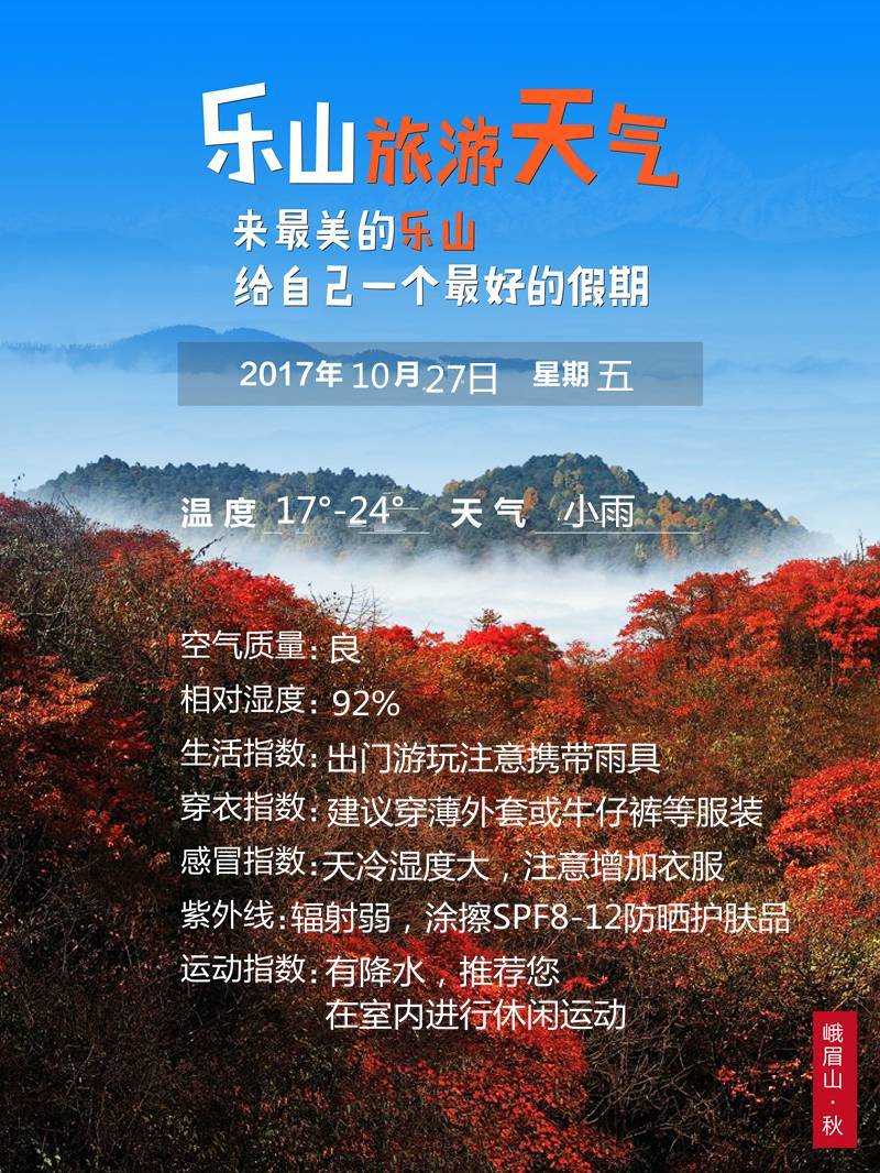 乐山天气｜2017年10月27日乐山旅游天气早知道